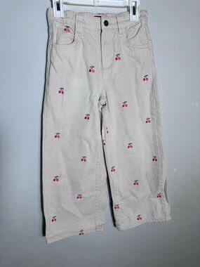 Girls Cream Embroidered Cherry Casual Pants